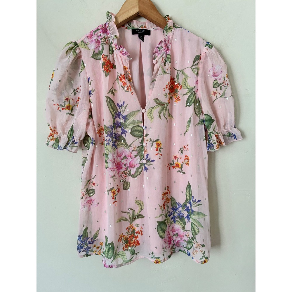 Haver London Pink Floral Metallic Clip Dot Ruffle Neck Puff Sleeve Blouse S